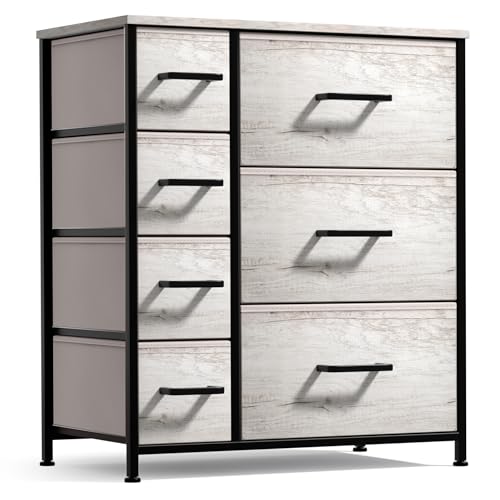 Dresser with 7 Faux Wood Drawers - Storage Unit Organizer Chest for Clothes - Bedroom, Hallway, Living Room, Closet, & Dorm Furniture - Steel Frame, Wood Top, & Easy Pull Fabric Bins