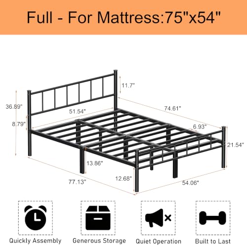Full Bed Frame with Headboard,Steel Slat Support,Easy Assembly, view 3