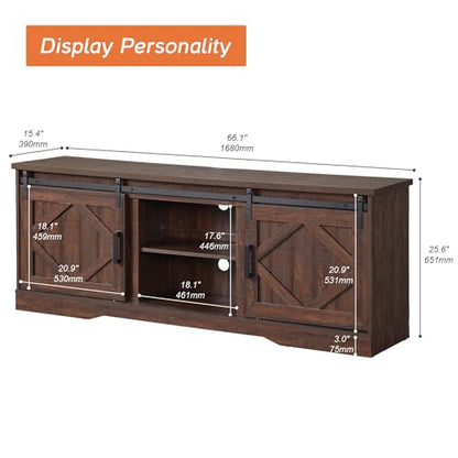 25.6"H Farmhouse TV Stand for 75" TV with Barn Doors& Hidden Storage | 66.1" W Rustic Country-Style TV Cabinet with Smooth Barn Door Slides,Holds 135+ CDs,Height-Adjustable Media Shelf