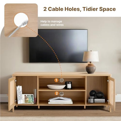 Rattan TV Stand for TVs up to 75'' Boho Entertainment Center with Adjustable Shelf Television Stand with 2 Storage Cabinets Media Console Wooden TV Cabinet for Living Room Bedroom,Natural Oak