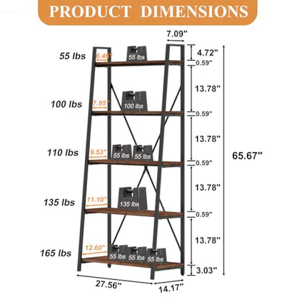 Ladder Shelf Bookcase, 5-Tier Industrial Ladder Bookshelf, Tall Living Room Shelves, Wood and Metal Leaning Shelf for Home Office, Kitchen, Bedroom, Balcony (Rustic Oak)