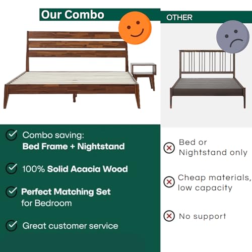 Acacia Emery Queen Solid Wood Platform Bed Frame with Headboard – Gift Matching Nightstand Included, Farmhouse Mid-Century Modern, Walnut Finish, Sturdy, No Box Spring Needed, Easy Assembly