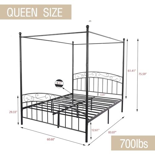 Metal Canopy Bed Frame Queen Size Four-Poster Black, view 3
