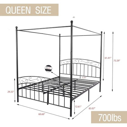 Metal Canopy Bed Frame Queen Size Four-Poster Black, view 3