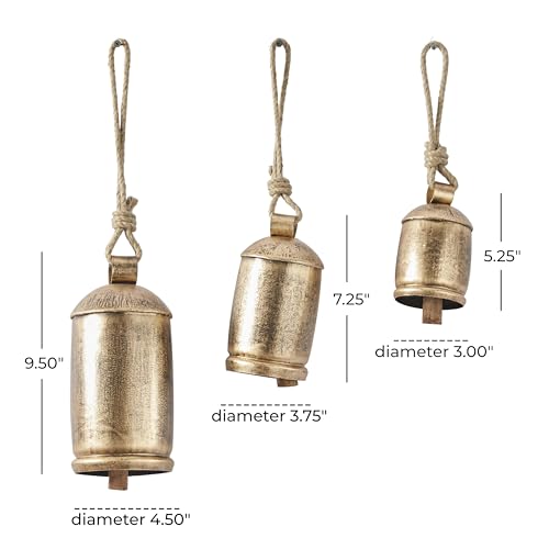 Deco 79 Metal Cow Bells, Meditation Bell, Set of 3, 10", 7", 5"H, Gold Gold | Indoor metal art Tibetan inspired decorative cow bells with jute hanging rope, living room wall decor