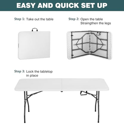 6 Foot Outdoor Dining Table, Foldable Portable Rectangular Plastic Folding Table with Built in Carrying Handle for Party and Wedding Use, White