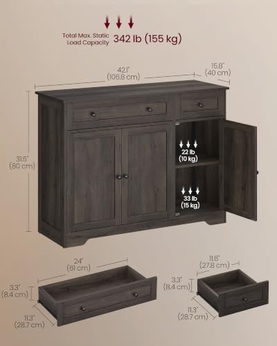 VASAGLE Buffet Cabinet, Sideboard, 3 Doors, 42.1 x 15.8 x 31.8 Inches, view 3
