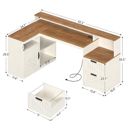 63" Farmhouse L Shaped Desk with Drawers and Printer Stand for Home Office, view 3