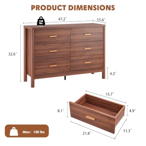6 Drawer Dresser, Modern Wooden Storage Chest of Drawers, Walnut, view 3