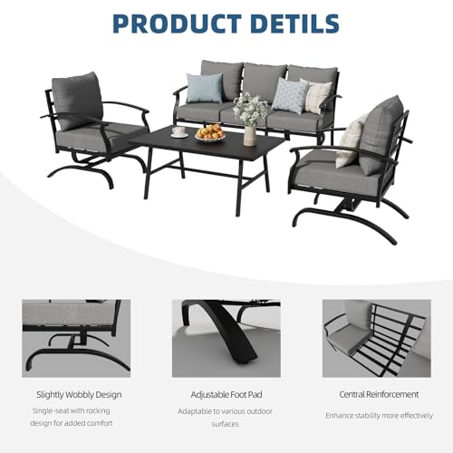 4 Piece Patio Furniture Set,Outdoor Metal Patio Furniture with Coffee Table & Rocking Chairs Conversation Set for Porch,Backyard,Poolside, Garden-Grey