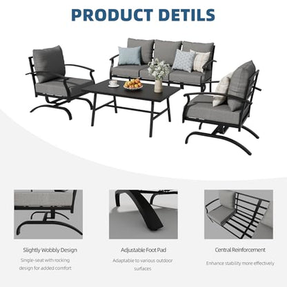 4 Piece Patio Furniture Set,Outdoor Metal Patio Furniture with Coffee Table & Rocking Chairs Conversation Set for Porch,Backyard,Poolside, Garden-Grey