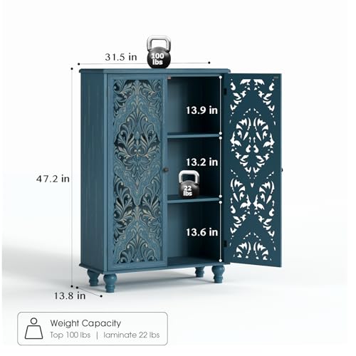 47" Tall Accent Cabinet with Carved Doors & Storage for Living Room | Vertical Storage for Dining Room,Bedroom, Carved Floral Design, Farmhouse & Rustic Style, Adjustable Shelves, Easy Assembly