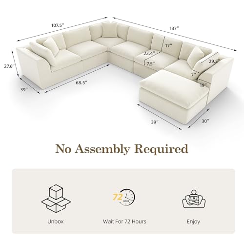 7 Seater Modular Sectional Couch,Modern L/U Shaped Boneless Sectional Sofa with Ottoman,Chenille Cloud Couches for Living Room,Beige