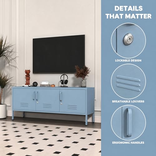 Blue Industrial Metal TV Stand with Lockable Storage Cabinet, view 5