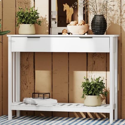 White Narrow Console Table with Drawer Storage Shelf, Modern Wooden Entryway Sofa Table, 39 Inch Slim Behind Couch Table, Side Display Console Table for Living Room,Office,White