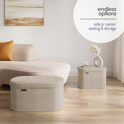 Storage Ottoman Bench, 30 Inch Storage Bench for Bedroom End of Bed, Foldable Large Ottoman Foot Rest, Entryway Benches, Boucle Oval Organizer Chest Max 660lbs, Beige