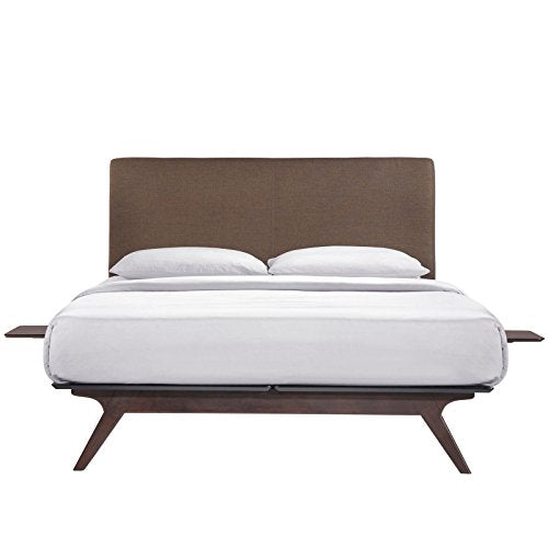 Tracy Mid-Century Modern Wood Platform Queen Bed with Two Nightstands in Cappuccino Brown