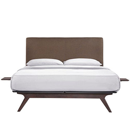 Tracy Mid-Century Modern Wood Platform Queen Bed with Two Nightstands in Cappuccino Brown
