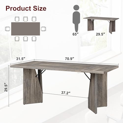 70.9'' Rectangular Dining Table for 6-8, Wooden Thickened Long Desk, Farmhouse Kichen Table with Sturdy Frame and Wooden Legs, for Dining Room, Kitchen, Living Room, Office, Retro Grey