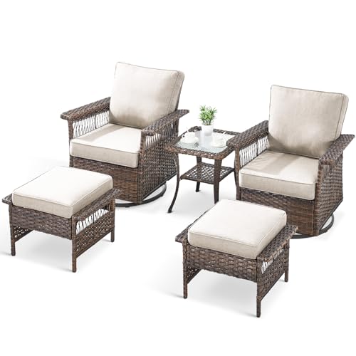 5 Pieces Wicker Patio Furniture Set - Hollow Widen Armrest Outdoor Swivel Glider Chairs with Side Table & Ottomans, Small Patio Conversation Set for Balcony Porch Deck and Yard - Brown/Beige