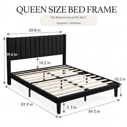 Queen Modern Upholstered Platform Bed Frame with Headboard, Black, view 3