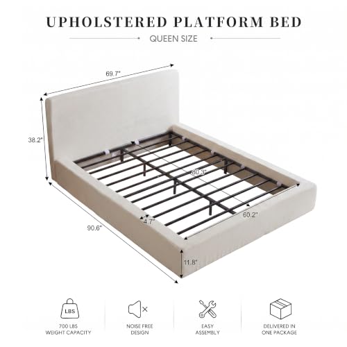 Queen Upholstered Platform Boneless Cloud Bed Frame with Headboard, Beige, view 3