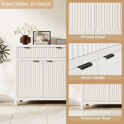 Fluted Buffet Cabinet with Storage, 34" Tall Modern Arched Sideboard Cabinet w/AdjustableShelves,Wooden Modular Coffee Bar for Dining Room, Kitchen, Living Room, Entryway, White