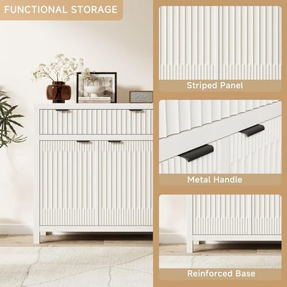 Fluted Buffet Cabinet with Storage, 34" Tall Modern Arched Sideboard Cabinet w/AdjustableShelves,Wooden Modular Coffee Bar for Dining Room, Kitchen, Living Room, Entryway, White