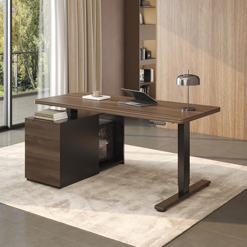 FLEXISPOT 55" Executive Standing Desk with Drawers & CPU Holder, Dual Motor Height Adjustable Desk, 222 LBS Capacity, 1" Thick Desktop, Home Office Workstation, Black Walnut, 3 Packages