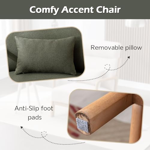 Mid Century Modern Accent Chair with High Back, Upholstered Living Room Chairs with Waist Cushion, Wood Frame Reading Armchair for Bedroom Sunroom, Green