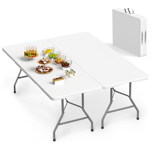 Set of 2 6 Foot Folding Table for Indoor Outdoor, Portable Heavy Duty Fold-in-Half Utility Plastic Foldable Dining Table with Carrying Handle for Picnic, Camping and Party, 2 Pack White