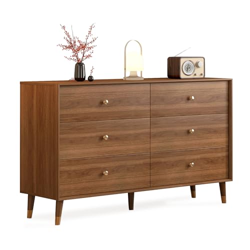 Mid Century Modern 6-Drawer Dresser, 47.2" Solid Wood Frame Chest, Walnut, view 2
