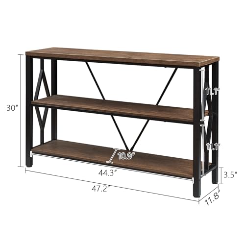 Sofa Console Table, Rustic Console Table with 3-Tier Storage, Engineered Wood Sofa Tables with Open Shelves, Heavy Duty Entryway Tables for Living Room, Hallway (47 Inch, Rustic Brown)