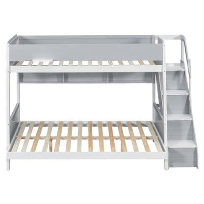 JIVOIT Twin Over Full Bunk Bed with Striped-Design Staircase, Side Shelves, view 6