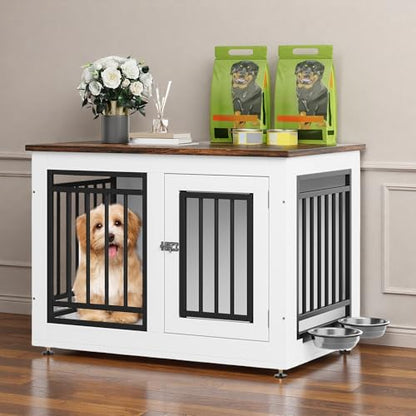 28 Inch Dog Crate Furniture with Adjustable Feet & Removable Bowls, view 3