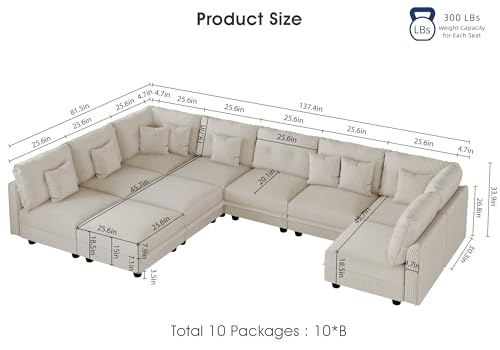 163" Modular Sectional Sofa with Storage, U Shaped 10-Seat Pet-Friendly Corduroy Couch with 10 Throw Pillows, Oversized Convertible Sofa Set for Living Room & Large Space, Beige