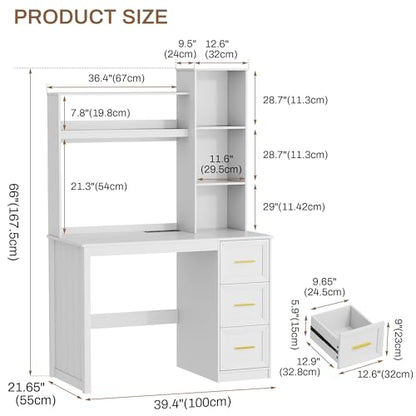 40” Home Office Desk with Hutch and Drawers, Computer Desk with Power Outlets and LED Light, Study Writing Gaming Table with Storage Shelves, Workstation for Bedroom, White