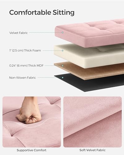 SONGMICS Small Storage Ottoman, Folding Ottoman Cube, 15 x 15 x 15 Inches, Footstool, Footrest, 11 Gal. (43 L), Velvet Surface, for Bedroom, Living Room, Dorm, Jelly Pink ULSF227R01