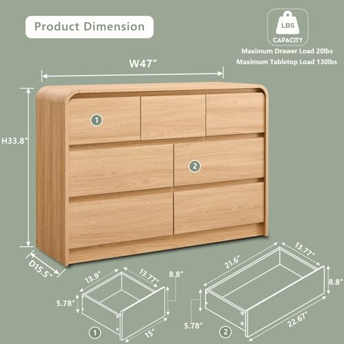 Modern 7 Drawers Dresser for Bedroom, 47" Wide Wood Dressers & Chests of Drawers w/Curved Profile Design, Mid Century Modern Dresser w/Natural Texture for Bedroom, Living Room, Natural Oak