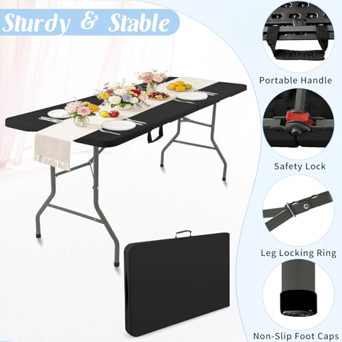 2 Pack 6 Feet Portable Folding Table Black, Steel Legs Fold-in-Half with Carrying Handle Rectangular Plastic Foldable Table for Party, Wedding, Camping, Picnic, Dining, Indoor Outdoor Events