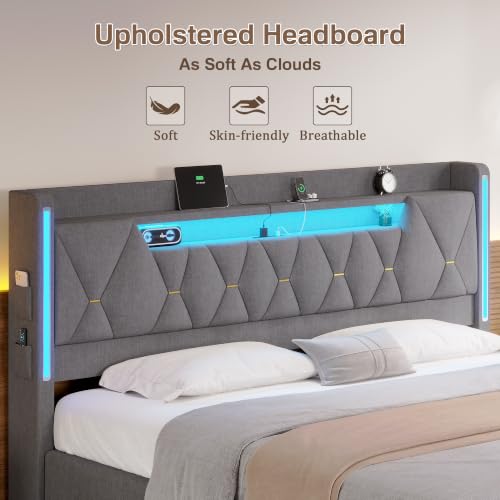 King Size Bed Frame with 4 Drawers, Headboard and Storage, Gray, view 8
