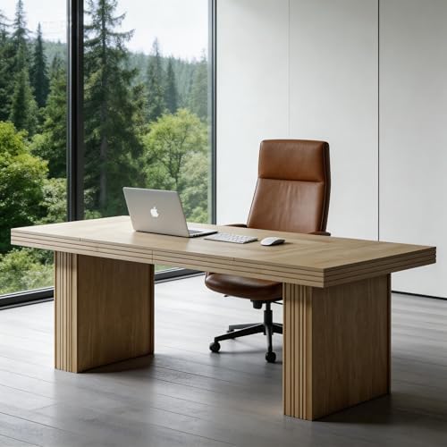 Tribesigns Modern Office Desk, Home Office Table with Wide Fluted Legs, Modern Desk for Home Office, Natural