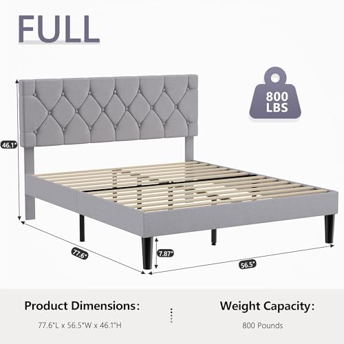 Full Bed Frame with Upholstered Tufted Headboard, Grey, view 3
