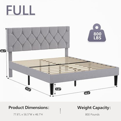 Full Bed Frame with Upholstered Tufted Headboard, Grey, view 3