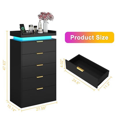 Tall Dresser for Bedroom, Black Dresser with LED Lights, view 4
