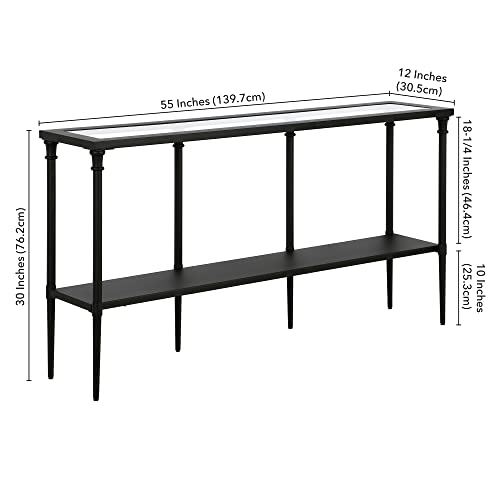 Nellie 55'' Wide Rectangular Console Table with Metal Shelf in Blackened Bronze | Two-tier design with glass top adds stylish storage and display space to entryways, hallways, living rooms, or behind sofas