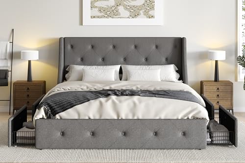 Upholstered Queen Size Platform Bed Frame with 4 Storage Drawers and Wingback Headboard, Diamond Stitched Button Tufted Design, No Box Spring Needed, Light Grey