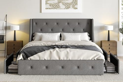 Upholstered Queen Size Platform Bed Frame with 4 Storage Drawers and Wingback Headboard, Diamond Stitched Button Tufted Design, No Box Spring Needed, Light Grey