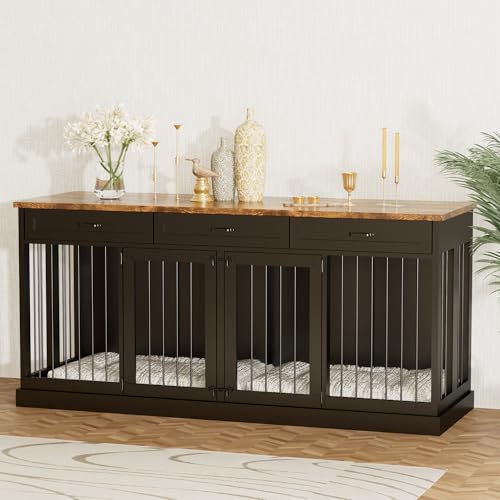 71 inches Double Furniture Style Dog Crate with 3 Drawers Indoor Wooden Dog, view 3