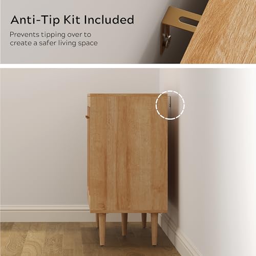 Rattan Storage Cabinet with 3 Doors, Boho Sideboard Buffet Cabinet Wooden Farmhouse Credenza Cabinet with Adjustable Shelves for Living Room Kitchen Entryway Hallway, Natural Oak